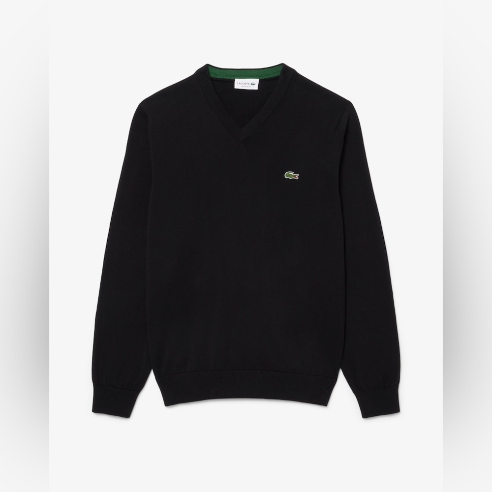 Lacoste Men’s Regular-Fit Black V-Neck Sweater 100% Cotton Classic Logo Medium - Picture 8 of 11